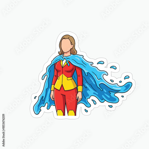 Illustration of a female superhero with flowing blue cape and red costume standing against a white background