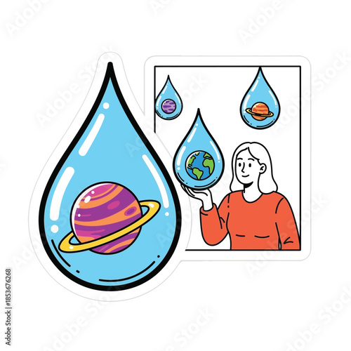 A woman holding a water droplet containing the Earth, surrounded by illustrations of planets in water droplets