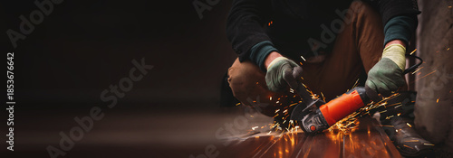 A close-up of a worker wearing gloves cutting a sheet of metal with a grinder, sparks flying. An unrecognizable man at a construction site working with metal structures. banner copy space