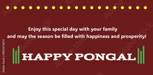 Pongal Greeting Card Maroon Background with Sugarcane and Lights