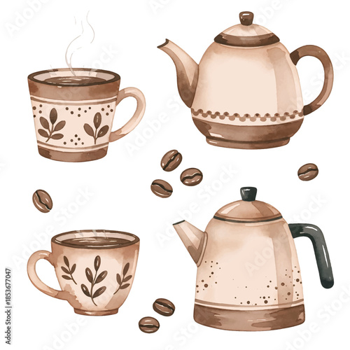 A white porcelain teapot with matching tea and coffee cups arranged as a traditional drinkware set on a table