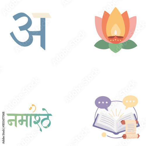 Exploring the rich tapestry of Indian culture through its ancient script, spiritual symbols like the lotus, and traditional greetings with language education icons