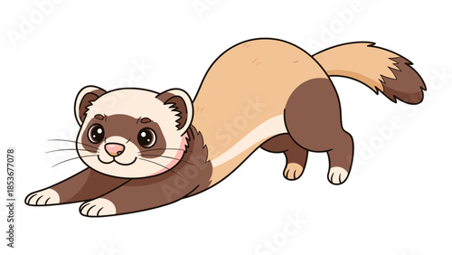 Cartoon Ferret Illustration Stretching on White.