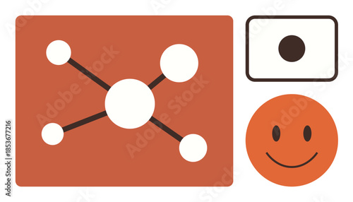 Network diagram with central node and connections, orange happy face, and framed circular object. Ideal for collaboration, communication, positivity, technology, media, minimalism interaction