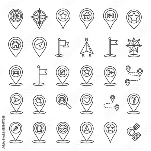 Collection of map location icons isolated on white background