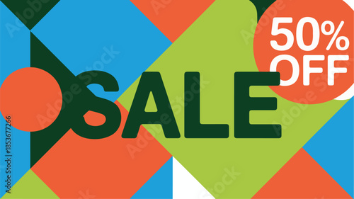Geometric sale banner with 50 off discount, modern colorful abstract background