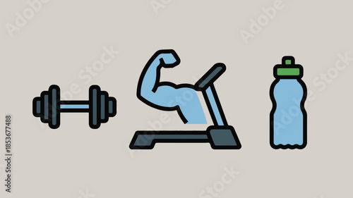 Gym equipment icon set with dumbbell treadmill flexing arm and water bottle for training