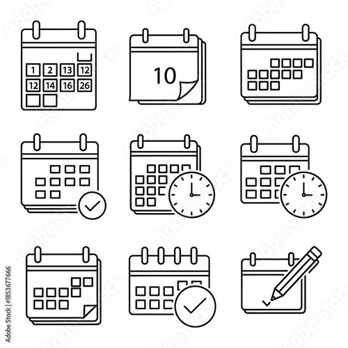 Various calendar icons displaying dates and times isolated on white background