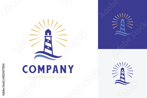 Modern lighthouse logo icon design with ocean waves and sun rays