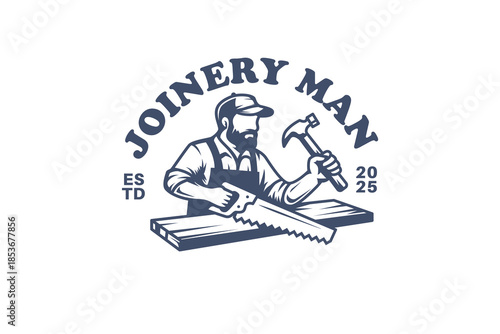 Vintage carpenter or joinery mascot logo template featuring bearded woodworker man holding saw and hammer