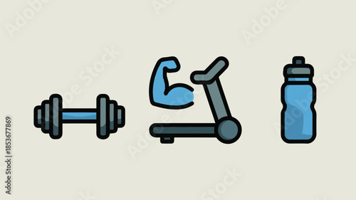 Color flat icon set of fitness equipment featuring weights treadmill arm and water flask