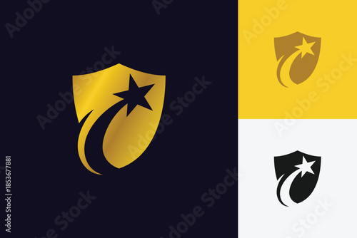 Luxury golden shield logo icon design with rising shooting star symbol for awards logo elements