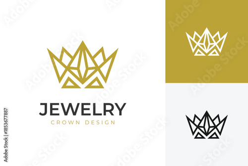Geometric crown and diamond logo minimal luxury line art style for jewelry shop or fashion beauty brand