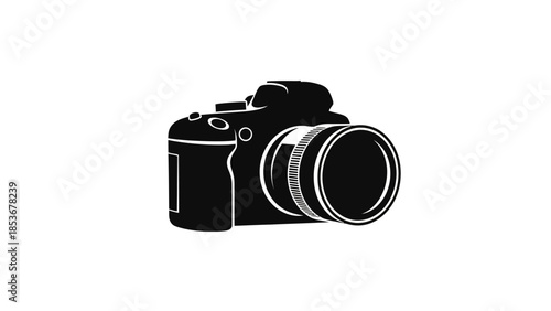 Black silhouette of a professional DSLR camera on white background