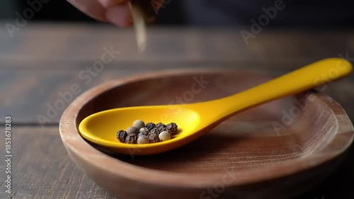 Pepper in yellow spoon in wooden bowl.