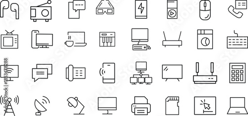 Minimalist line art icons of computer accessories and devices