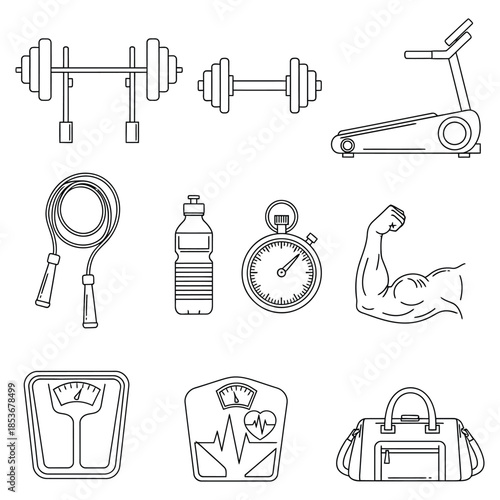 Fitness equipment and accessories isolated on white background