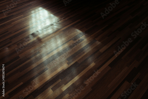 Golden sunlight shining through window onto dark wooden floor, aesthetic morning shadow on parquet.