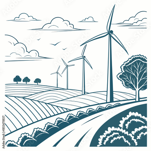Wind turbines in a rural landscape with rolling hills and trees