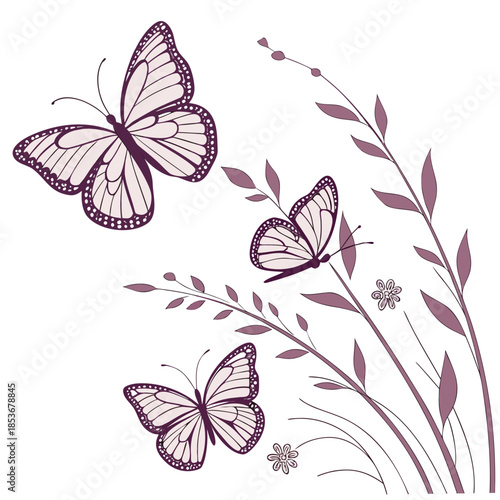 Purple butterflies and flowers on stems leaves