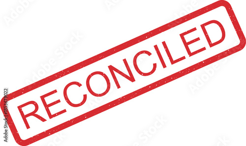 A red rectangular rubber stamp features the prominent word RECONCILED in capital letters on a white background