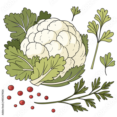 Cauliflower surrounded by parsley and red seeds on white background