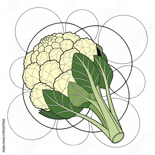 Cauliflower with green leaves and geometric circles