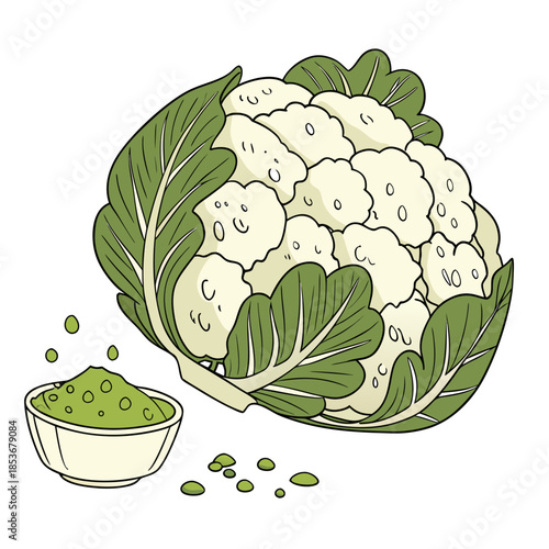 Cauliflower with green pesto sauce vegetable food healthy