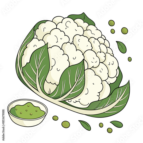 Cauliflower with green pesto sauce and leaves vegetable