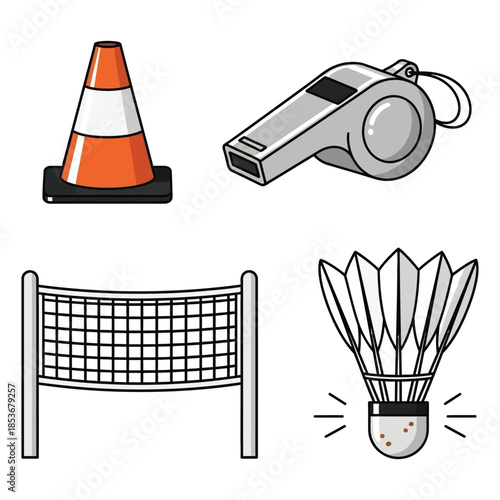 Sports equipment and safety items isolated on white background