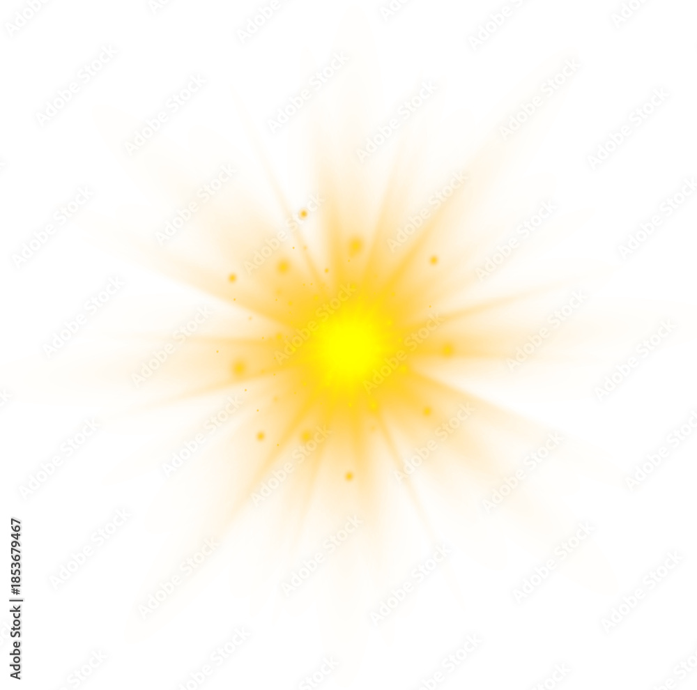 Obraz premium Glowing sun flare effect with lens distortion and light rays. Soft burst creates magical atmosphere. Transparent PNG overlay for visual compositions.