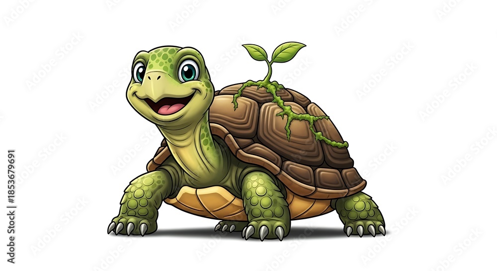 Fototapeta premium Happy Cartoon Turtle with Green Sprout.