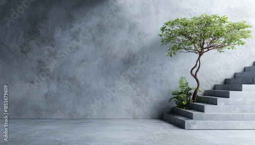 Concrete interior with staircase, tree growing from steps, and grey wall. Natural light