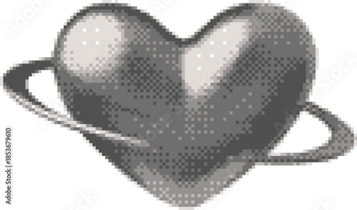 3D glossy chrome heart shape with ring vector pixel art, retro Y2K silver heart metal surface love symbol romantic emoji