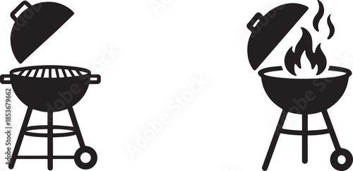 Black BBQ grill icons set, outdoor cooking, barbecue equipment, isolated vector design.