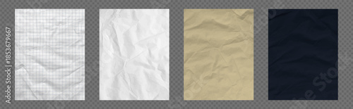 Set of paper yellow black and white color backgrounds with crumpled texture and grid. Vector realistic notebook design for craft, scrapbook or school collage and education on like transparent png bg.