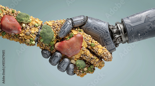 A futuristic robotic hand made of vegetables, grains, and plant-based food shaking a human hand, symbolizing artificial intelligence, sustainable food technology, nutrition innovation, and future heal