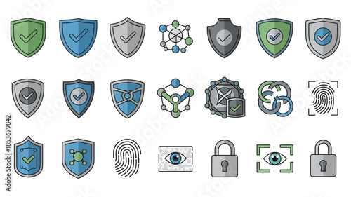 Collection of security icons displaying shields locks and biometric protection symbols