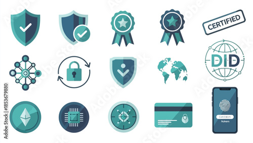 Collection of security trust and digital identification icons in a flat style