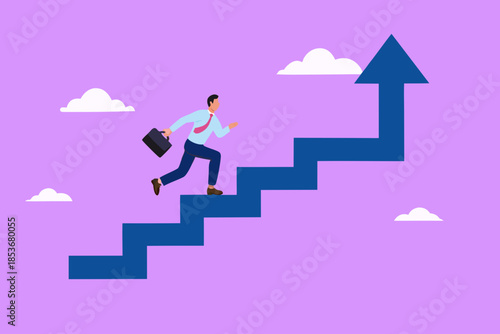 stairway to success, business progress step towards business targets with a strategy plan concept. journey job target action career illustration, businessman running up the stairs with growing graph