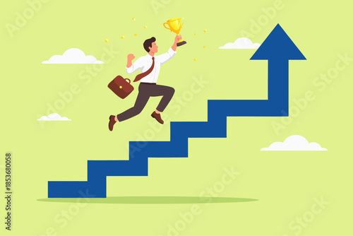stairway to success, business progress step towards business targets with a strategy plan concept. journey job target action career illustration, businessman running up the stairs with growing graph