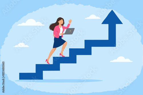 stairway to success, business progress step towards business targets with a strategy plan concept. journey job target action career illustration, businessman running up the stairs with growing graph