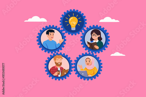 teamwork collaboration with knowledge for success illustration with the concept of several business people working to rotate connected cogwheels gear, teamwork with the skill to drive company concept