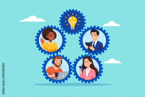 teamwork collaboration with knowledge for success illustration with the concept of several business people working to rotate connected cogwheels gear, teamwork with the skill to drive company concept