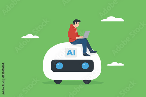 artificial intelligence and the future of work illustration with businessman sitting on multitasking artificial intelligence robot to help his work, ai in work management concept illustration