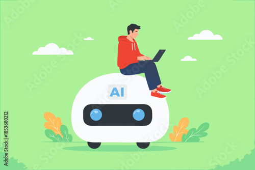 artificial intelligence and the future of work illustration with businessman sitting on multitasking artificial intelligence robot to help his work, ai in work management concept illustration