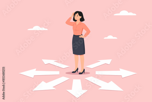 choose business strategy or career journey, looking for solutions or innovations in overcoming life's problems, challenges in selecting opportunities, businesswoman are confused choosing a direction
