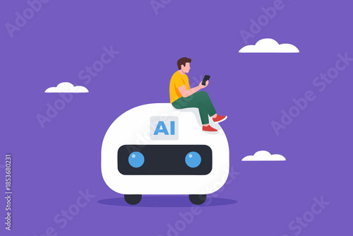 artificial intelligence and the future of work illustration with businessman sitting on multitasking artificial intelligence robot to help his work, ai in work management concept illustration
