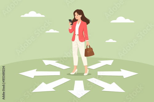 choose business strategy or career journey, looking for solutions or innovations in overcoming life's problems, challenges in selecting opportunities, businesswoman are confused choosing a direction