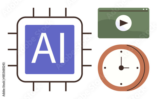 AI chip graphic, video play window, analog clock portraying the connection between artificial intelligence, multimedia, and time. Ideal for tech innovation, AI development, digital services